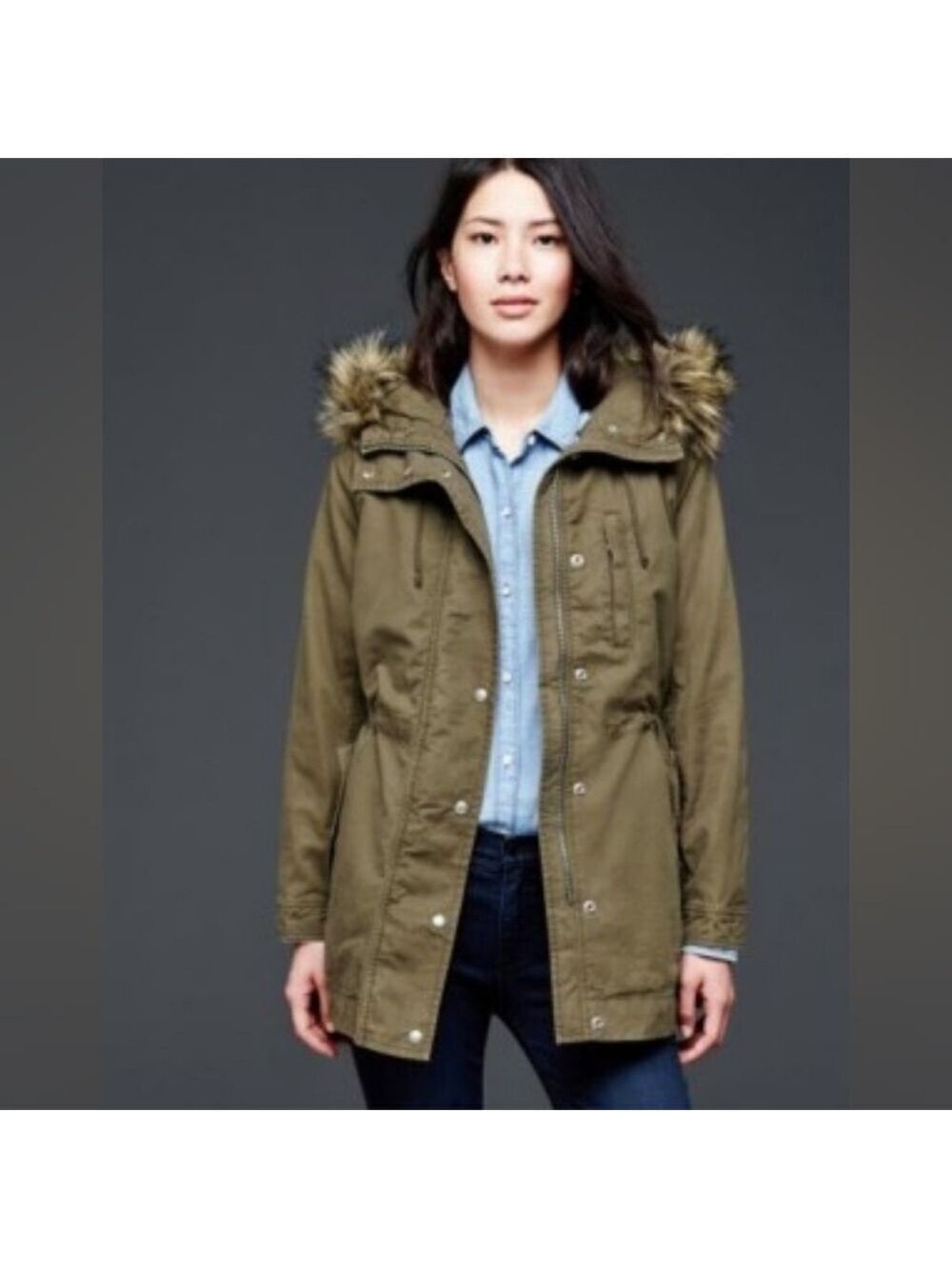 Gap Green Utility Jacket with Faux Fur Trimmed Hood, Size L